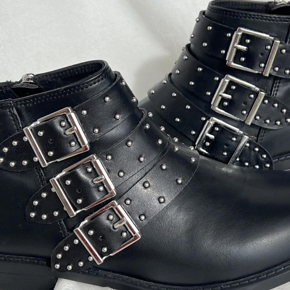 H&M Divided Black Studded Triple Buckle Ankle Boots Wm 5.5 EUR 36 EUC Punk Moto - Picture 4 of 13